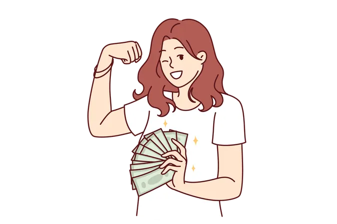 Rich Woman With Cash Money In Hands Shows Biceps And Winks Offering To Earn Well Girl Holds Money Earned On Investments And Recommends Developing Own Business That Brings Good Profits And Dividends Illustration