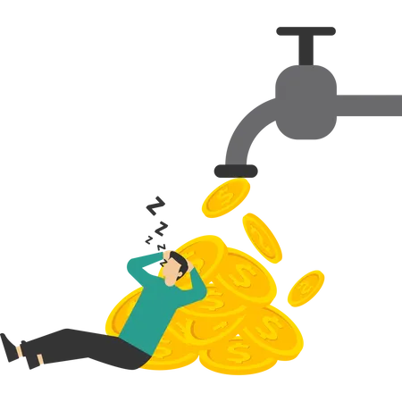 Rich young man sleeping at night on pipe faucet with paper money flowing  Illustration