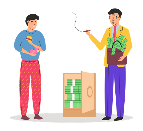 Riche et heureux millionnaire tenant une mallette et un pauvre homme mangeant de la restauration rapide bon marché  Illustration