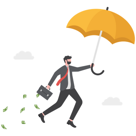 Riche homme d'affaires volant avec son parapluie tenant une mallette avec un billet d'argent  Illustration