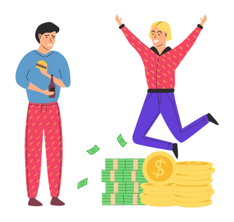 Man Jumps And Enjoys Wealth Successful Character Has Fun Rejoices In Wealth Richness And Poverty Concept With Poor Guy Eats Fast Food Jealous Of Rich Man Financial Superiority Social Inequality Illustration