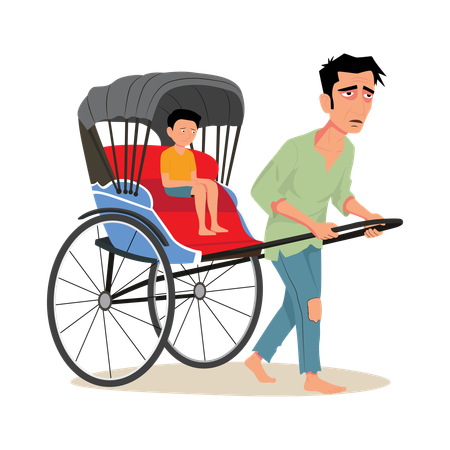Rickshaw Puller with Child Passenger  Illustration