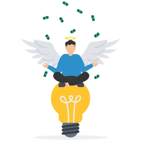 Empresário rico com asa de anjo na ideia de lâmpada com notas de dinheiro  Ilustração