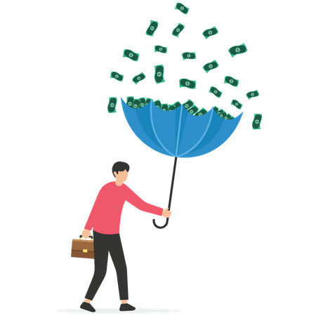 Empresário rico usando guarda-chuva para coletar dinheiro que cai da tempestade de investimentos  Ilustração