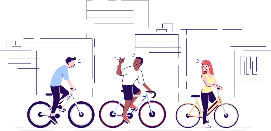 Riding Bicycles On Street Flat Vector Illustration Male Female Cyclists Training Together In City Roads Meeting Friends Isolated Cartoon Characters With Outline Elements On White Background Illustration
