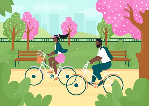 Riding bikes in spring park  Illustration