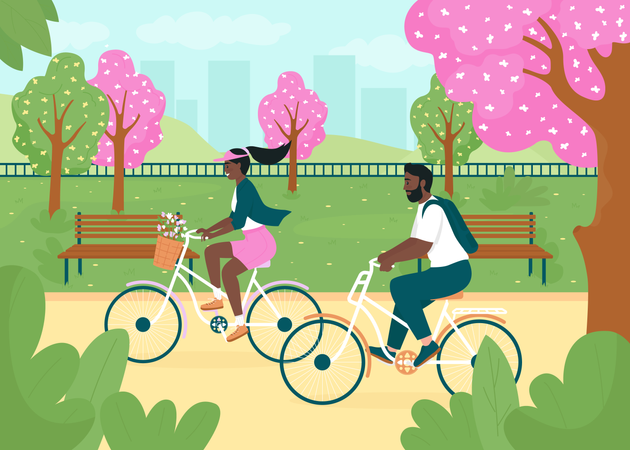 Riding bikes in spring park  Illustration