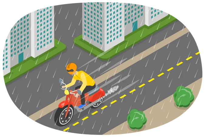 3 D Isometric Flat Vector Conceptual Illustration Of Riding On A Rainy Road Drive Safely Illustration