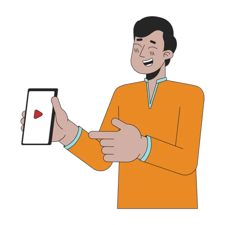 Un joven indio riendo mostrando el teléfono  Ilustración