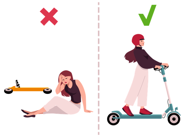Right and wrong way of driving a scooter woman without helmet fell down of electric scooter and with helmet  Illustration