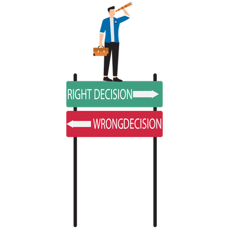 Right decisions or wrong decisions. Businessman look through spyglass or binoculars to discover solution  Illustration