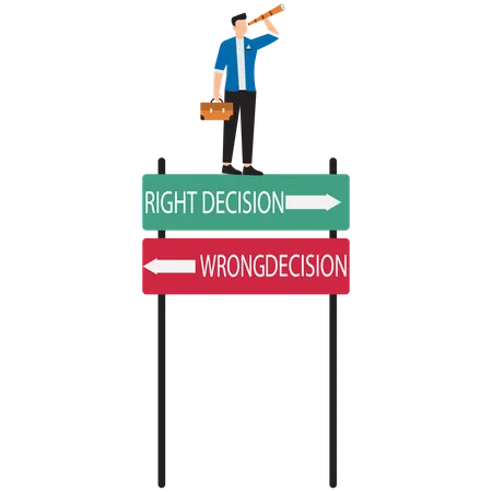 Right decisions or wrong decisions. Businessman look through spyglass or binoculars to discover solution  Illustration