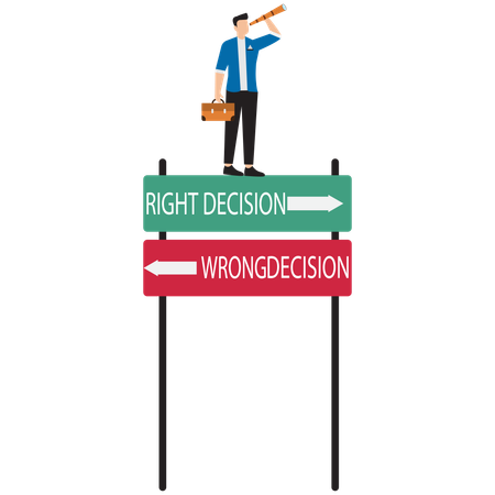 Right decisions or wrong decisions. Businessman look through spyglass or binoculars to discover solution  Illustration