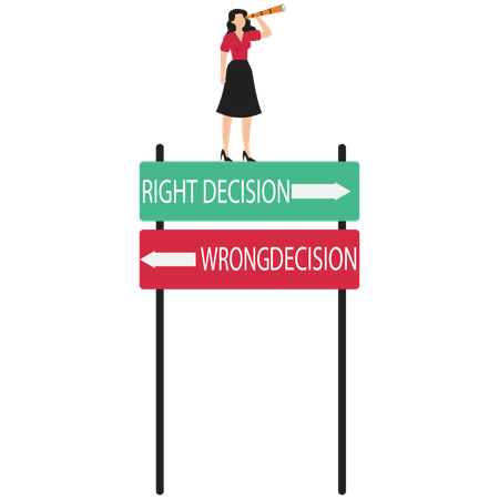 Right decisions or wrong decisions. Businesswoman look through spyglass or binoculars to discover solution  Illustration