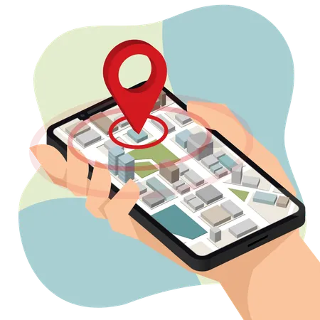 Right Hand Holding Mobile Smart Phone Show Pin To Isometric Location Mobile App Illustration