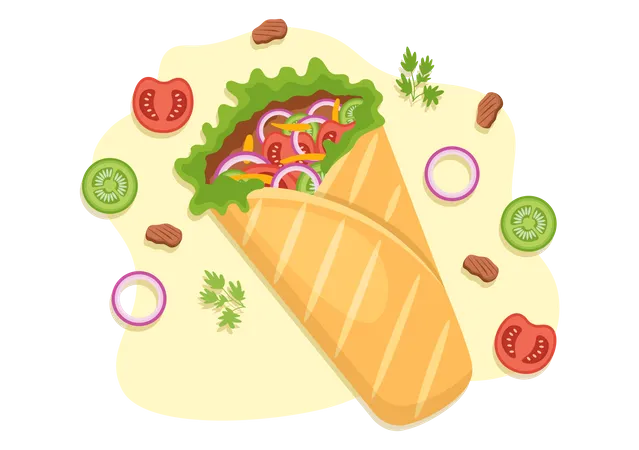 Kebab Vektorillustration Mit Gefulltem Huhner Oder Rindfleisch Salat Und Gemuse In Brot Tortilla Wrap In Handgezeichneten Flachen Cartoon Vorlagen Illustration