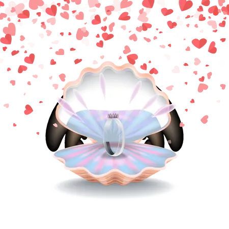 Wedding Ring In Conch Marriage Postcard Bridal Circle With Diamond G Proposin 3 D Style In Shell Card Decorated By Hearts Makinal To Marry Vector Illustration