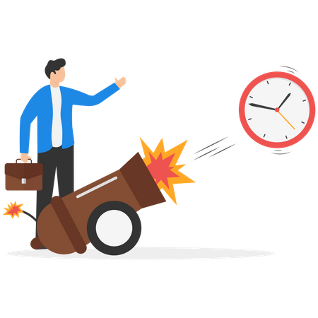 Ringing alarm clock with rocket booster successfully launching high into sky  Illustration