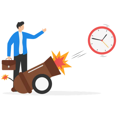 Ringing alarm clock with rocket booster successfully launching high into sky  Illustration