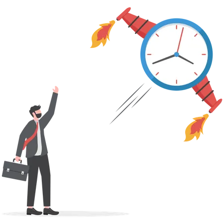 Time To Start New Business Entrepreneurship To Launch Project Or Time Management Concept Ringing Alarm Clock With Rocket Booster Successfully Launching High Into The Sky Illustration
