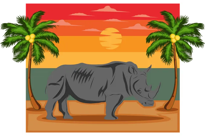 Rinoceronte Rey Rio Retro Diseno Paisaje Ilustración