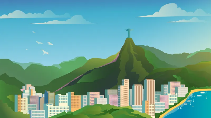 Pagina De Inicio De Rio De Janeiro En Estilo De Dibujos Animados Planos Panorama De La Ciudad Con Rascacielos Paisaje Con Estatua De Jesucristo En La Montana Viajes De Puntos De Referencia Ilustracion Vectorial De Fondo Web Ilustración
