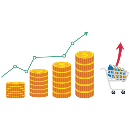 Rising pile of coins and item price  Illustration