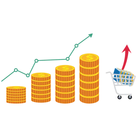 Rising pile of coins and item price  Illustration