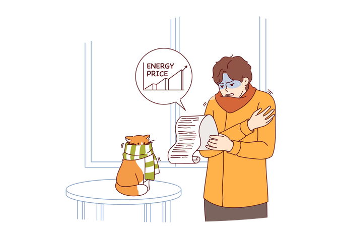 Rising prices for electricity cause stress for man studying bill  Illustration