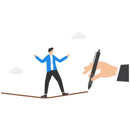 Risk Challenge In Business Concept Businessman Walking On Balancing Tightrope As It Is Being Drawn Conquering Adversity Problems Solution Vector Illustration Illustration