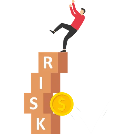 Concept Of Risk In Investing Volatility And Fluctuation Of Stock Market That Price Will Decrease Businessman Fall From Stack Of Blocks With Word Impact RISK By Coin Money Stability Concept Illustration