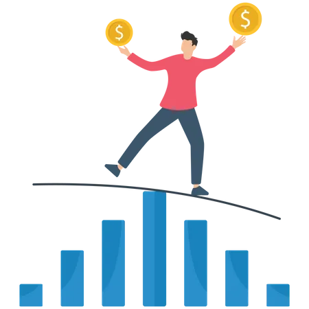 Risk management, reduce the likelihood of mistakes investment damage that may occur under uncertain circumstances of the stock market, A businessman tries to balance his capital in the stock market  Illustration