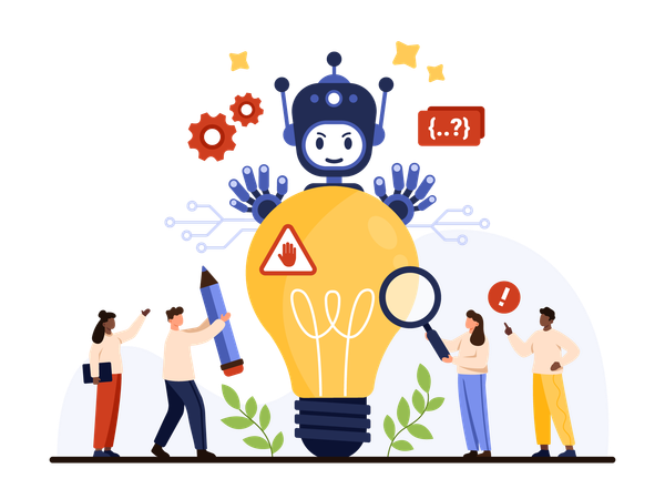 Risk of AI negative decision, ethics, tiny people analyze artificial intelligence idea  Illustration