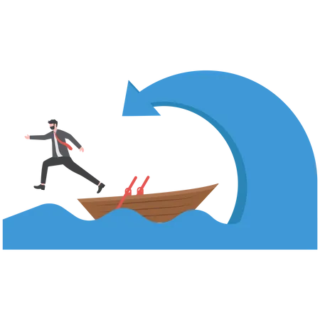 Risks And Challenges Of Business A Businessman Jumps Out Of A Boat To Escape The Arrow Waves Illustration