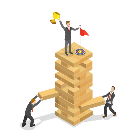 Business War Flat Isometric Vector Concept Two Businessmen Are Trying To Drop Down A Third One From The Tower Top Illustration