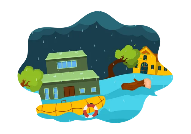 Floods Vector Illustration Of The Storm Wreaked Havoc And Flooded The City With Houses And Cars Sinking In Flat Cartoon Background Templates Illustration