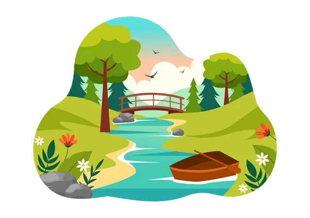 River Landscape with Mountain Views  Illustration