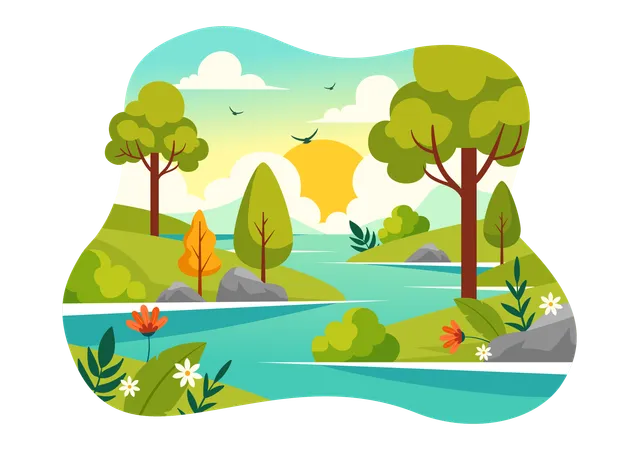 River Landscape with sun  Illustration