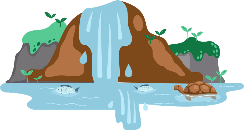 River waterfall falling from cliff  Illustration