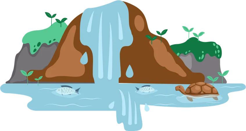 River waterfall falling from cliff  Illustration