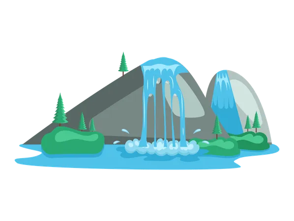 River waterfall falling from cliff  Illustration