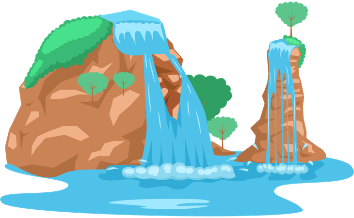 River waterfall falling from cliff  Illustration