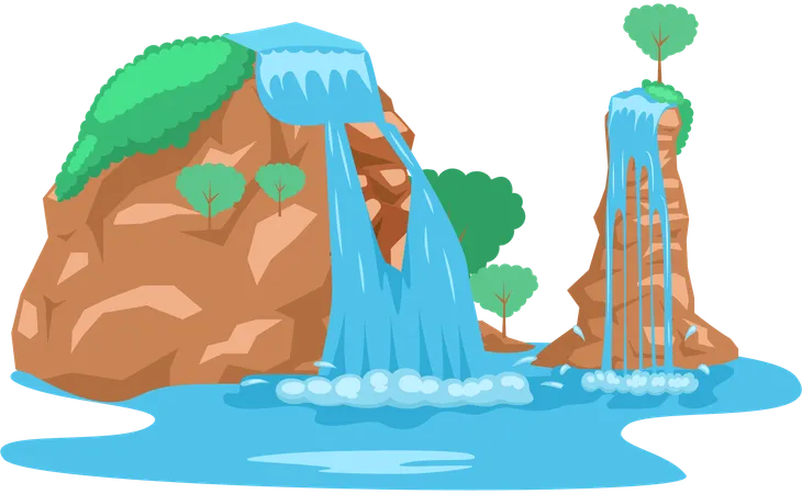 River waterfall falling from cliff  Illustration