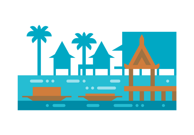 Riverside view of thai temple  일러스트레이션