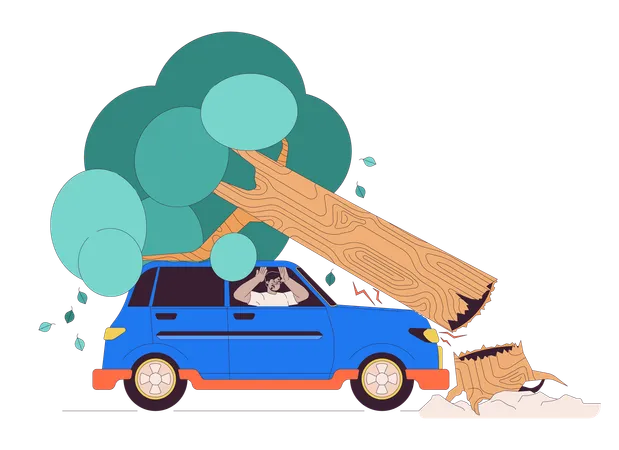 Road Accident Line Cartoon Flat Illustration Scared Arab Driver In Car Under Fallen Tree 2 D Lineart Character Isolated On White Background Driving At Storm Danger Scene Vector Color Image Illustration