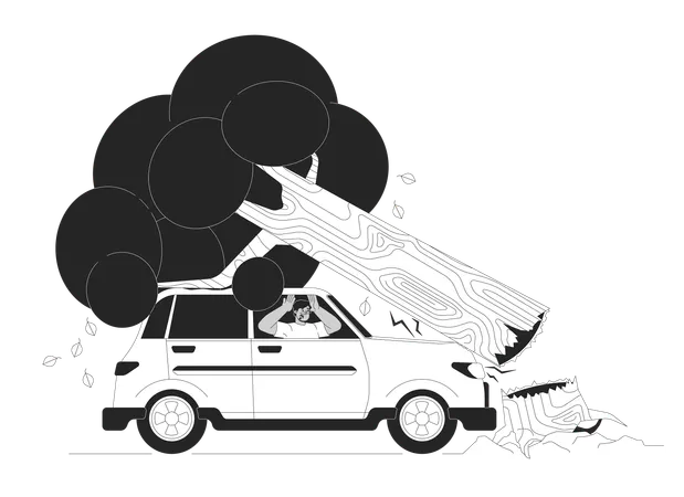 Road Accident Black And White Cartoon Flat Illustration Scared Arab Driver In Car Under Fallen Tree 2 D Lineart Character Isolated Driving At Storm Danger Monochrome Scene Vector Outline Image Illustration