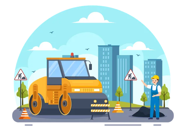 Paving Vector Illustration With Road Construction And Highway Maintenance Workers Working On Asphalt Roads With Drilling Machine In Flat Background Illustration