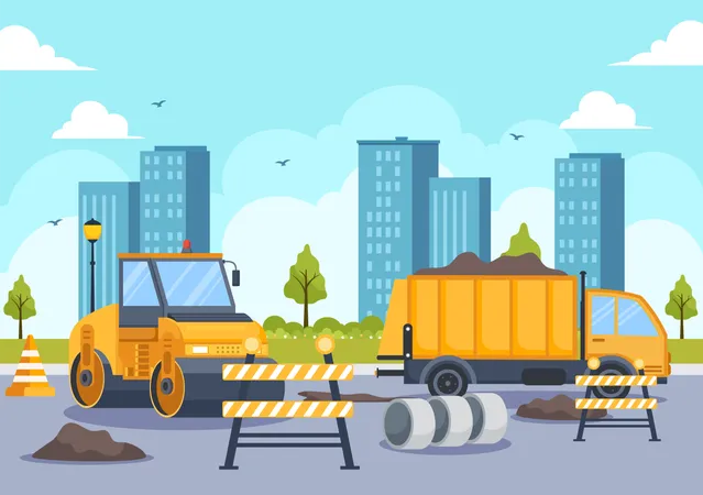 Paving Vector Illustration With Road Construction And Highway Maintenance Workers Working On Asphalt Roads With Drilling Machine In Flat Background Illustration