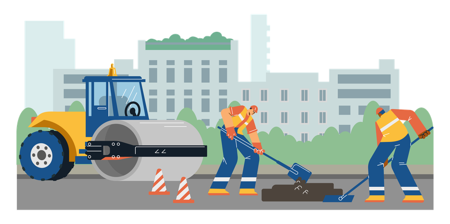 Road construction and paving in city while workers repair road surface using hand tools  Illustration
