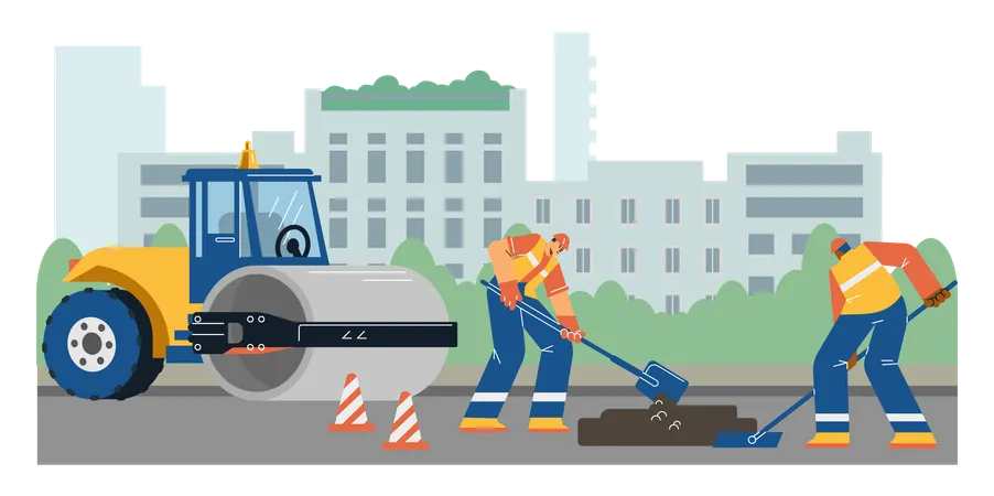 Road construction and paving in city while workers repair road surface using hand tools  Illustration